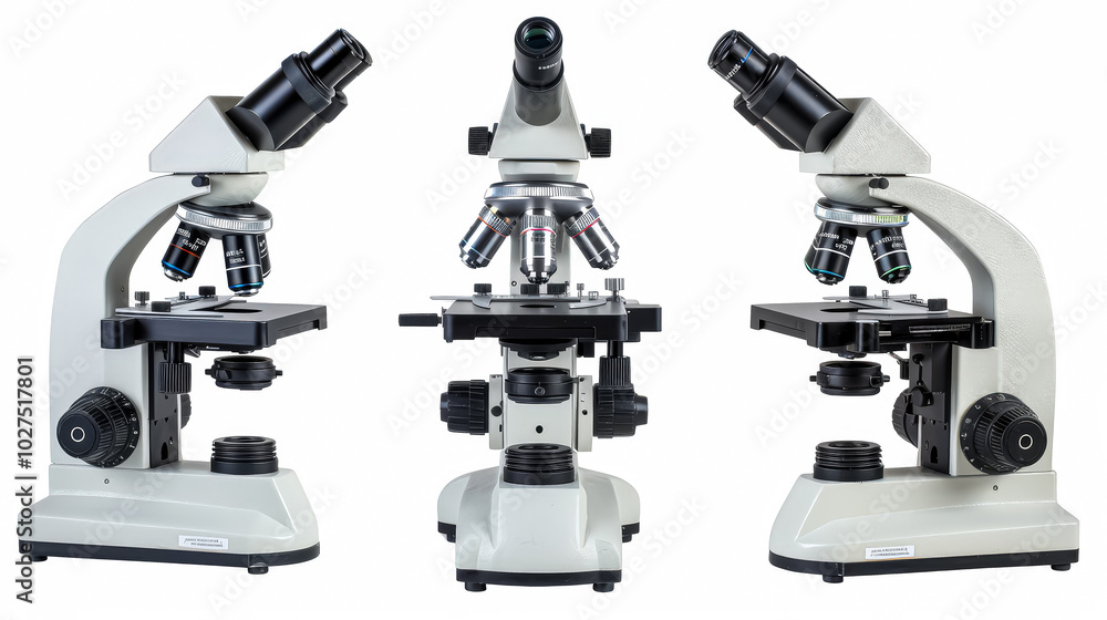 Poster three microscopes are lined up in a row. the first one is a compound microscope, the second one is a