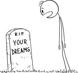 Shocked person looking at grave of his dreams , vector cartoon stick figure or character illustration.