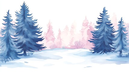 Fototapeta premium Winter landscape with blue and pink trees on a snowy background.
