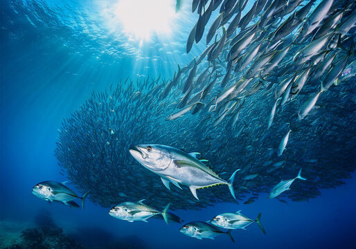 Thunfisch-Schwarm (Thunnus) Tropische und Subtropische Meere 