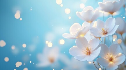 Beautiful white flowers on a blue background with bokeh lights