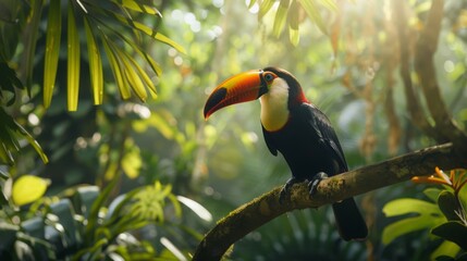 Naklejka premium Toucan sitting on the branch in the forest, green vegetation, full of copy space, colorful wallpaper