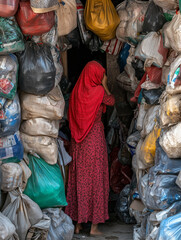 Indonesian Housewife Standing in Front of Rubbish Bags