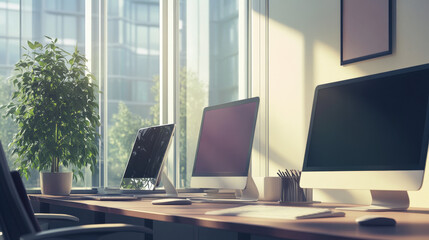 A modern corporate office with large windows showcasing an expansive view. The room is empty, with sleek desks and ergonomic chairs neatly arranged