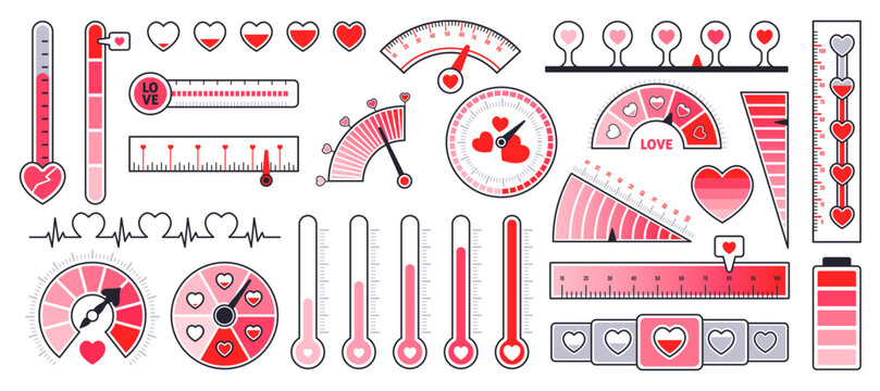Cartoon love level meters. Red hearts gauges and scales, romantic feelings thermometers and indicators, valentines day decor elements, user interface. Minimalistic tidy vector flat isolated set