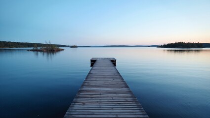 Fototapeta premium Tranquil Finnish archipelago scene with small forested islands calm blue waters and a wooden dock