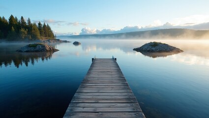 Obraz premium Tranquil Finnish archipelago scene with small forested islands calm blue waters and a wooden dock