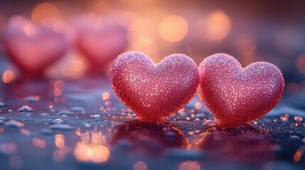 Fototapeta premium Multiple small hearts with a soft texture, interspersed on a reflective foam surface, the hearts have a matte finish with slight sparkling details