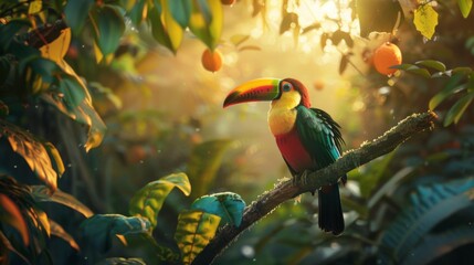 Toucan sitting on the branch in the forest, green vegetation, full of copy space, colorful wallpaper