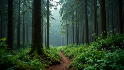 Obraz premium Serene view of German Black Forest with tall trees and winding trail