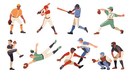 Cartoon baseball players. Athletes in uniform with bats, gloves and helmets, people playing sports game. Pitchers men in dynamic poses on championship, tidy sportsman vector flat isolated set