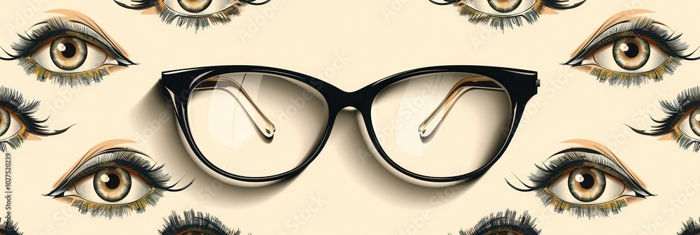 Poster a pair of elegant eyeglasses sits prominently against a creatively designed background featuring art