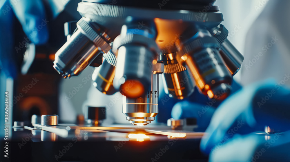 Poster microscope with a bright yellow light shining on it. the microscope is a scientific instrument used 