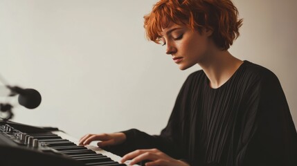 Naklejka premium Musician playing keyboard, young white woman with short red hair, modern studio, clean layout, minimal elements, copy space