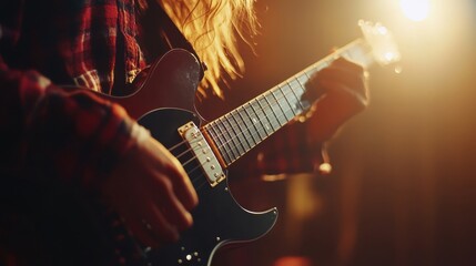 Obraz premium Musician playing guitar, studio background, soft lighting,
