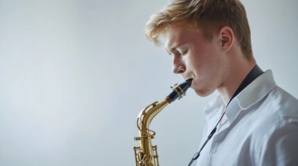 Musician playing saxophone, young white man with short blonde hair, modern studio,  copy space