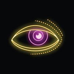 Neon sign showing an open eye with eyelashes, glowing yellow and purple on a black background