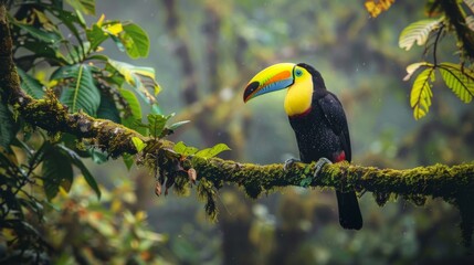 Fototapeta premium Toucan sitting on the branch in the forest, green vegetation, full of copy space, colorful wallpaper
