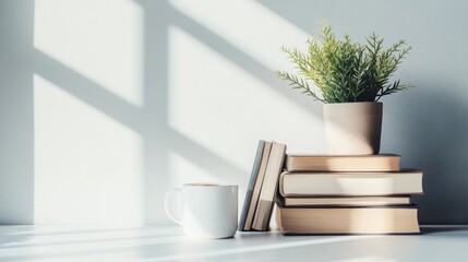 neatly organized desk with a stack of books, a potted plant, and a cup of coffee, bright natural light, minimalistic design, , ideal for productivity and study-related content.