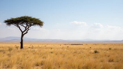Obraz premium Serengeti scene with lone acacia tree zebras grazing in distance
