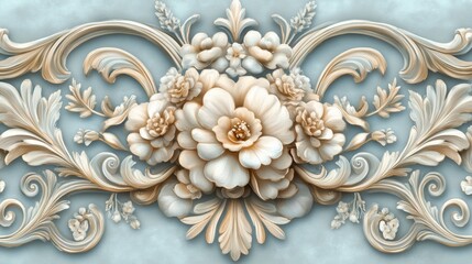 Luxury white wall design flowers with stucco mouldings rococo element