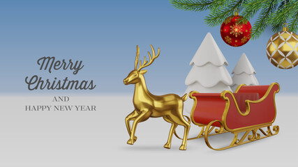 christmas banner with 3d golden reindeer and sleigh. chrsitams greeting card with pine branches and decorations on winter landscape