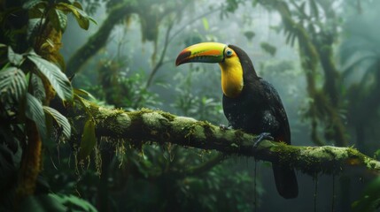 Obraz premium Toucan sitting on the branch in the forest, green vegetation, full of copy space, colorful wallpaper