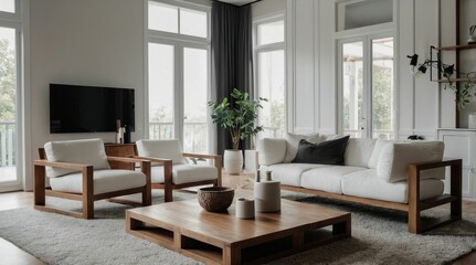 Cubic wooden coffee table between white sofa and armchairs. Scandinavian style home interior design of modern living room