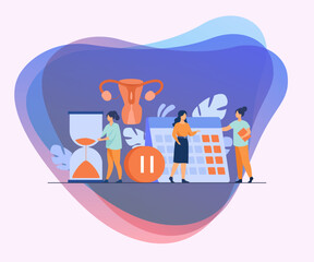 Female patient consulting doctor about reproductive health. Hourglass, calendar, pause button. Vector illustration for gynecology, menopause, estrogen replacement therapy concepts