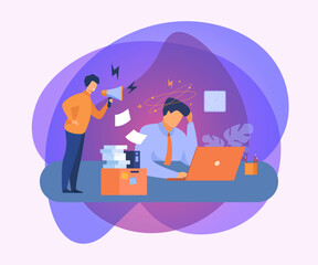 Furious boss with megaphone shouting at frustrated employee. Exhausted office worker feeling headache, anxiety and burnout. Vector illustration for stress or conflict at work, stressful job concept