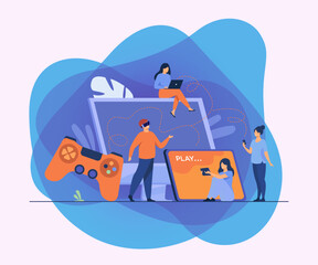 Gamers using different devices and playing on mobile phone, tablet, laptop, console. People enjoying VR 3G games. Vector illustration for cross play, game hardware concepts