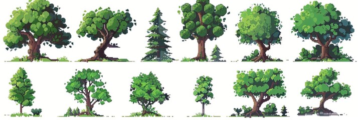 Fototapeta premium Set of pixel art trees on white background , varying in shapes and sizes, perfect for digital landscapes or video game environments, collection of green foliage and textured trunks