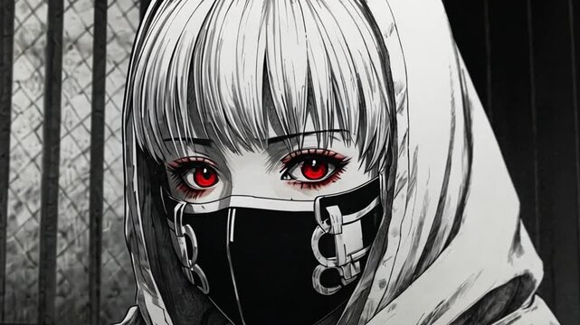A manga drawing of a woman with short white hair with red eyes, wearing a white cloak with black outlines, with a chained face mask