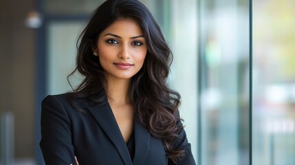 Confident Indian business woman, featuring a poised, assured professional standing in a modern office or business setting, symbolizing confidence and success.