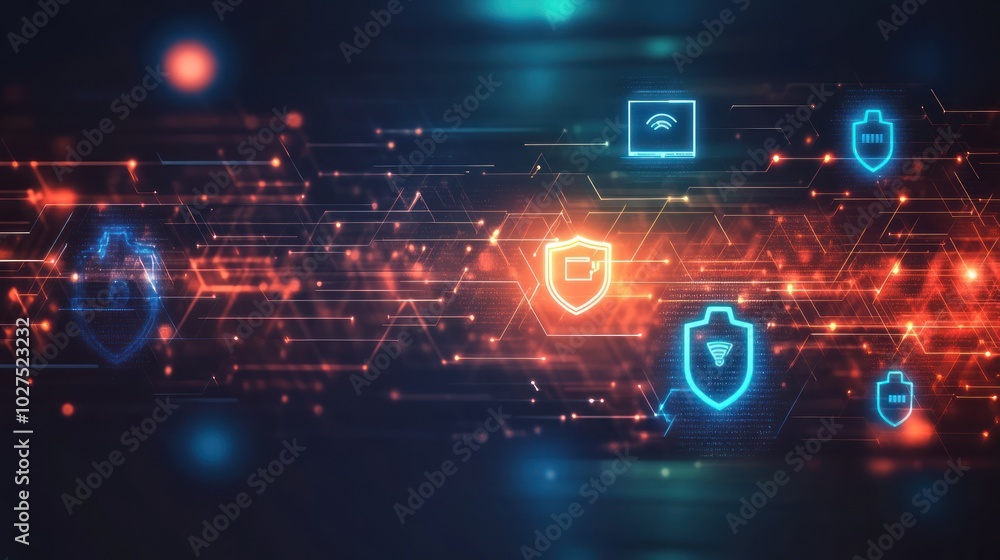 Poster cybersecurity technology background, showcasing digital shields, encrypted data streams, and securit