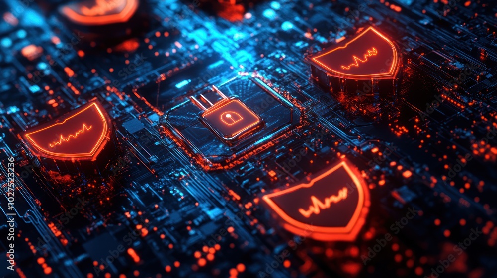 Poster cybersecurity technology background, showcasing digital shields, encrypted data streams, and securit