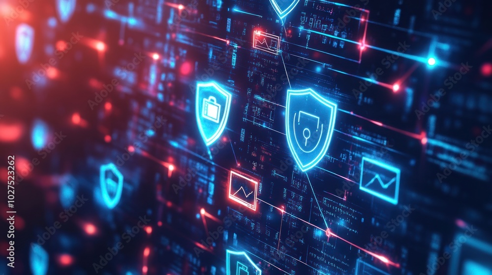 Poster cybersecurity technology background, showcasing digital shields, encrypted data streams, and securit