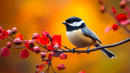 Obraz premium A bird perched on a branch amidst autumn foliage.