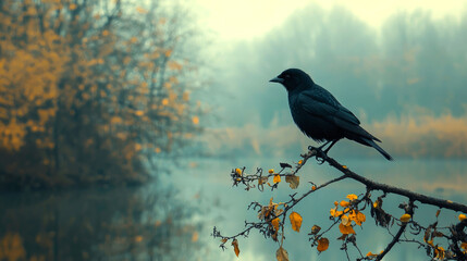 Fototapeta premium A bird perched on a branch by a misty river.