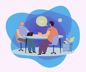 HR manager talking with candidate at job interview flat vector illustration. Cartoon employee or job seeker meeting with employer. Career and business conversation concept