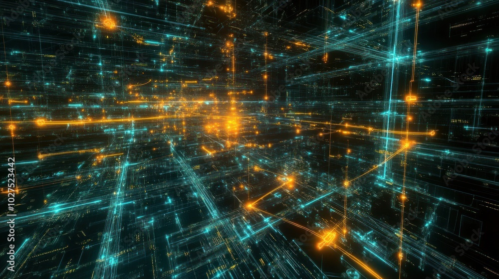 Poster data security with glowing lines visualization, featuring dynamic glowing lines that represent secur