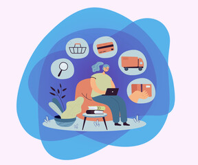 Person with laptop using online app for ordering food from grocery store or restaurant. Vector illustration for ecommerce, home delivery, courier service concept