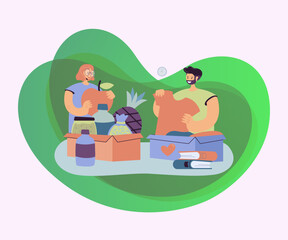 People donating clothes, books and food. Volunteers packing box for donation. Vector illustration for teamwork, charity container, humanitarian help concept