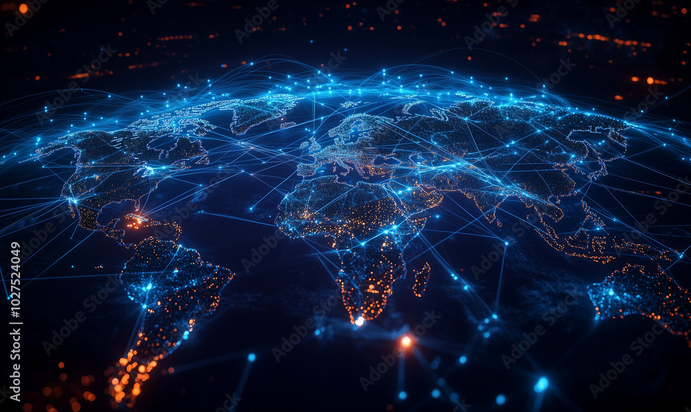 Poster a blue map of the world with glowing lines connecting various countries, representing global connect