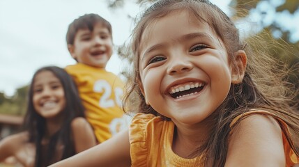 Obraz premium Three joyful children laughing outdoors, enjoying a sunny day together, embodying happiness and friendship.