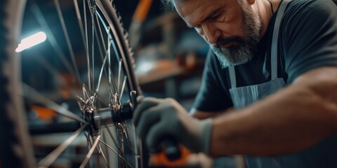 Obraz premium A focused craftsman in an apron tweaks a bicycle wheel to perfection, embodying meticulousness and dedication in his workshop filled with tools and spare parts.