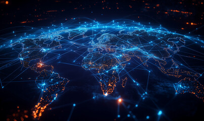 A blue map of the world with glowing lines connecting various countries, representing global connectivity and data transfer between different distant places.
