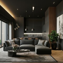 Minimalist interior design of modern apartment, living room with barn wood paneling wall.
