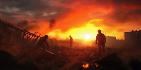 Fototapeta premium Silhouettes of people stand against a dramatic, fiery sunset sky filled with smoke and ruins, evoking a sense of survival and resilience in an apocalyptic scene.
