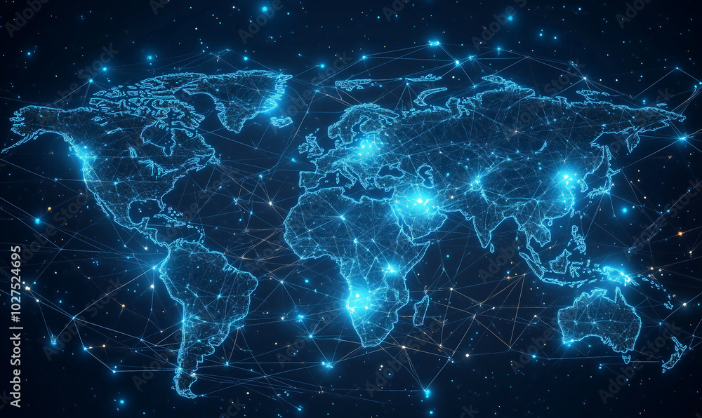 Poster a blue map of the world with glowing lines connecting various countries, representing global connect